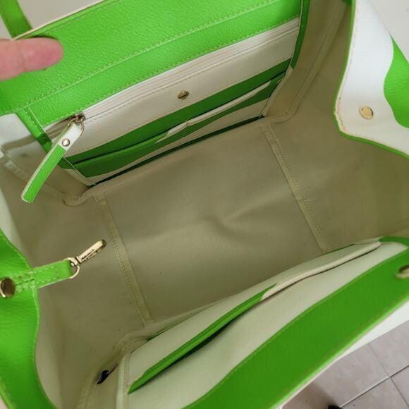 Kate Spade Tote Purse White Lime Green Stripped Saffiano Leather Shoulder Bag - Picture 7 of 13